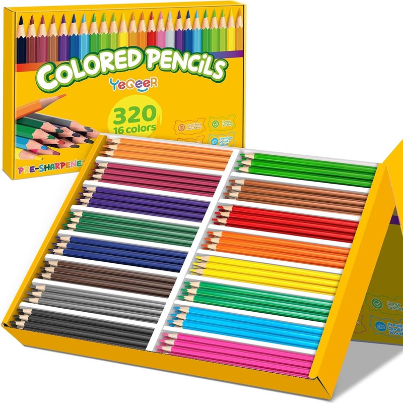 YEGEER 320 Count Colored Pencils Bulk, 16 Assorted Colors, Pre-sharpened Coloring Pencils Set for Kids and Adult, Teachers Essential Classroom Prizes, Back to School Supplies - Image 1